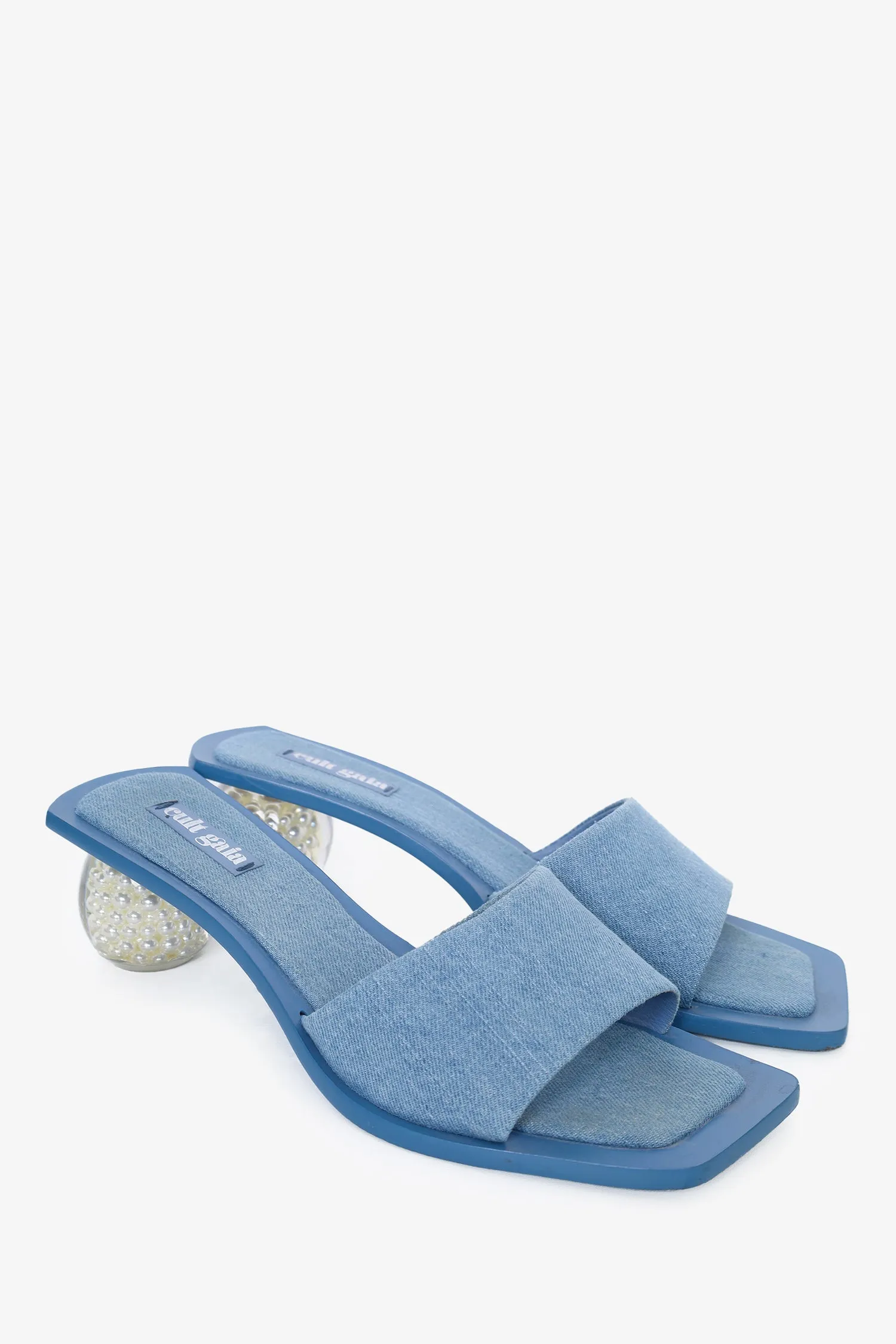 Cult Gaia Blue Denim Pearl Mule Heels Size 40