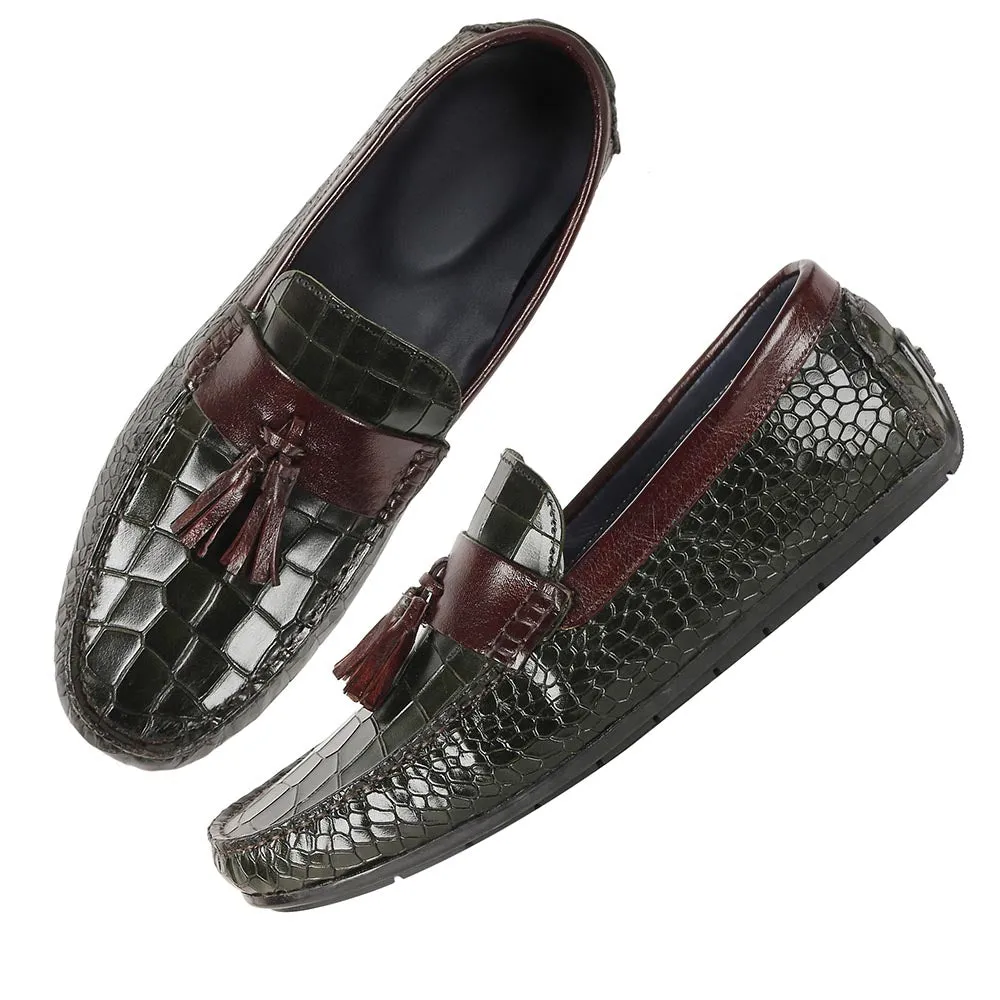 Green   Burgundy Glossed Croco Tassel Driving Loafers