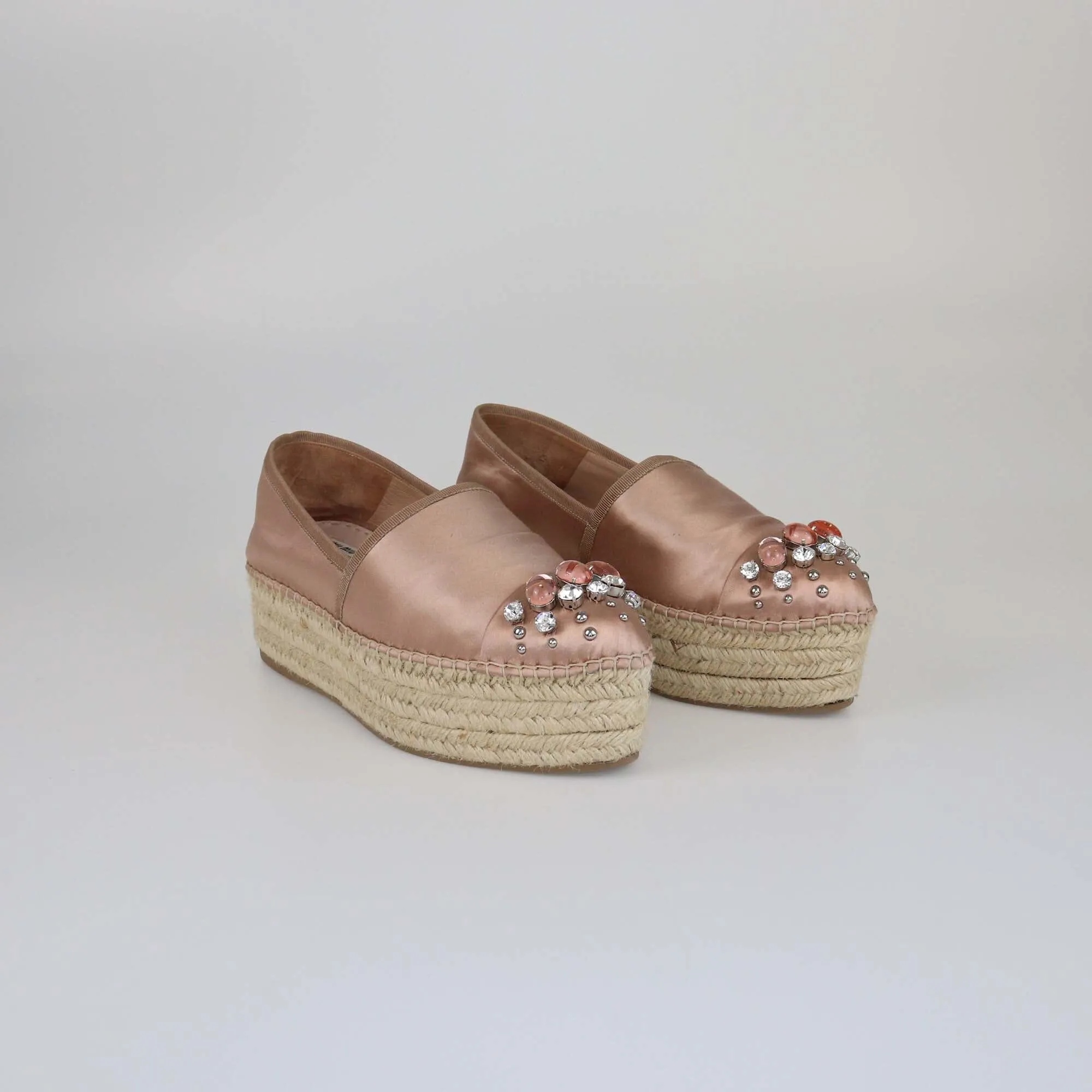 Miu Miu Beige Crystal Embellished Espadrille Platform Pumps