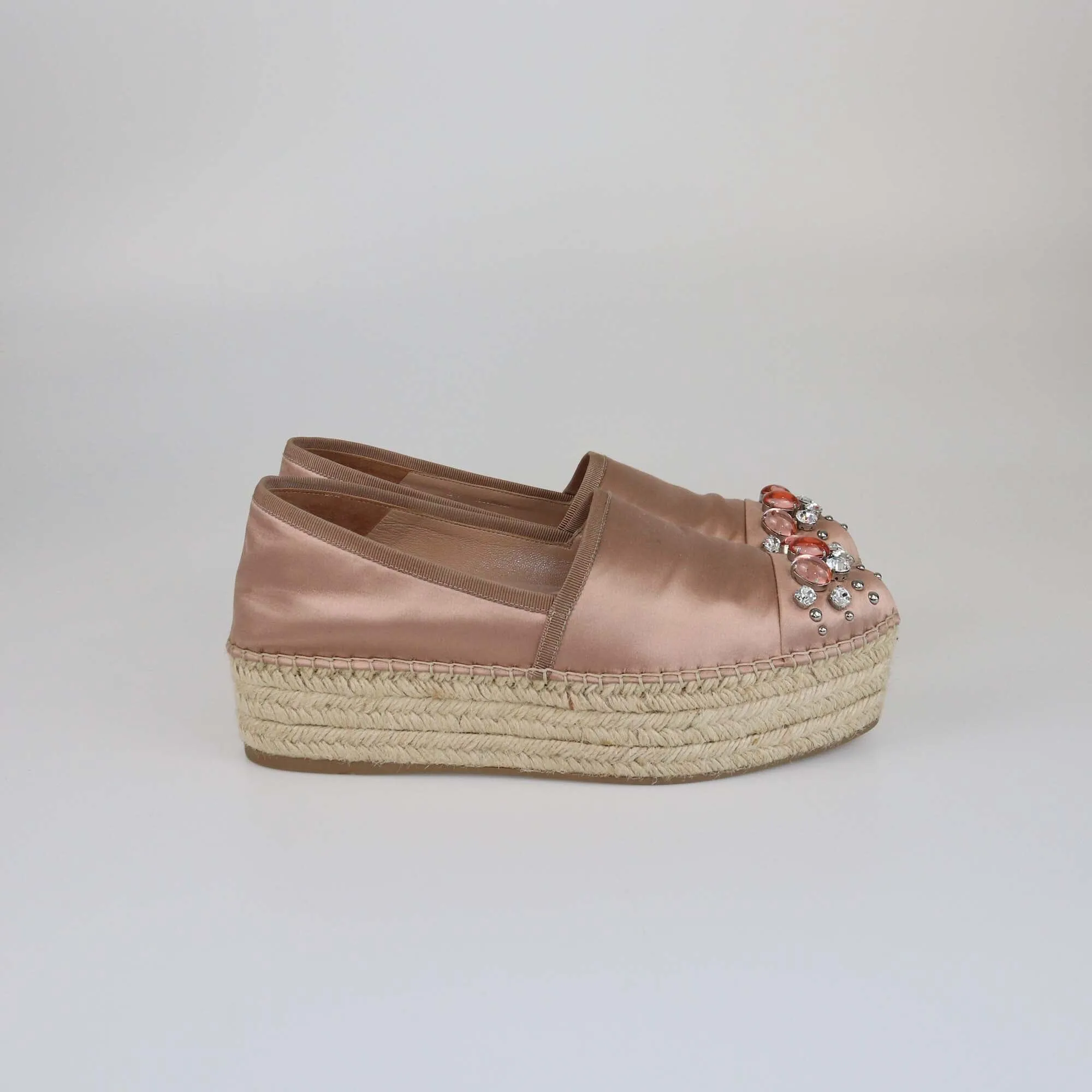 Miu Miu Beige Crystal Embellished Espadrille Platform Pumps