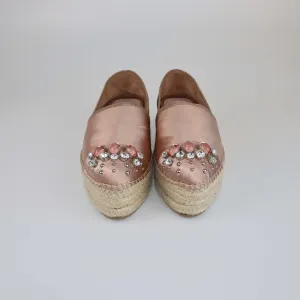 Miu Miu Beige Crystal Embellished Espadrille Platform Pumps