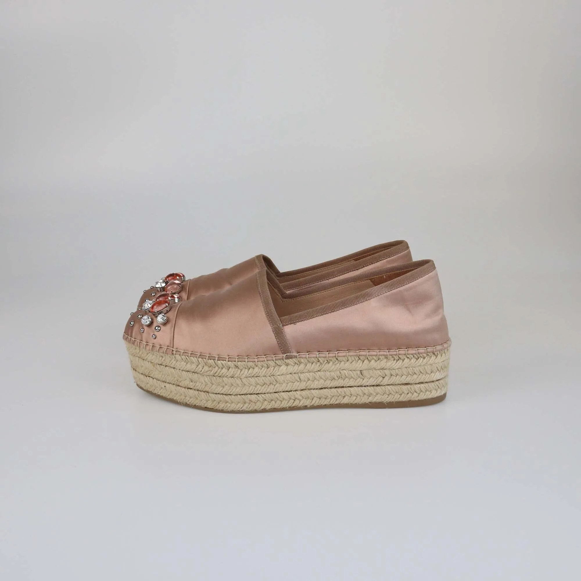 Miu Miu Beige Crystal Embellished Espadrille Platform Pumps