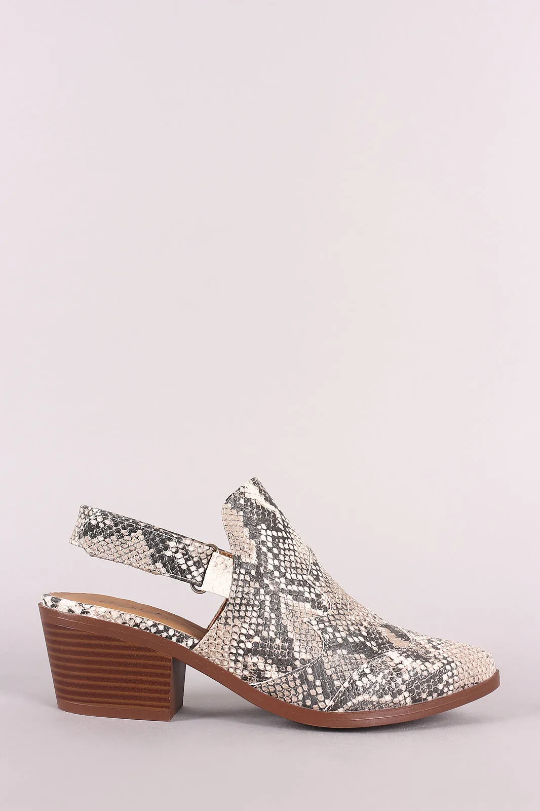 Qupid Snake Pointy Toe Slingback Chunky Heeled Mule